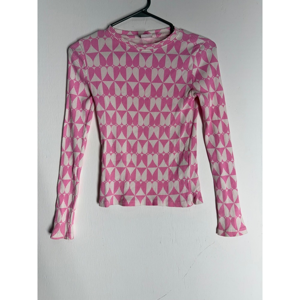 Zara Kids Pink White Geometric Heart Ribbed Long Sleeve Top Size 13-14 164cm